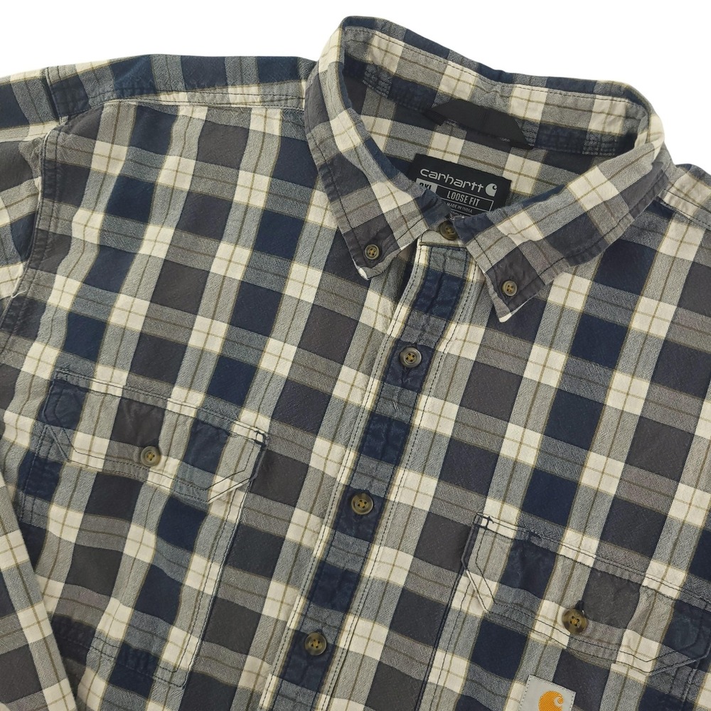 Carhartt Shirt Mens 2XLT Blue Plaid Long Sleeve Flannel Button Up Workwear